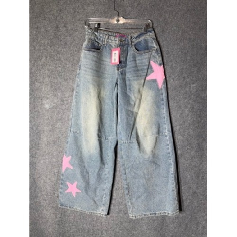 Edikted Trish Satin Effect Pink Stars Low Rise Wide Leg Baggy Jean Light Blue XS - Picture 2 of 10